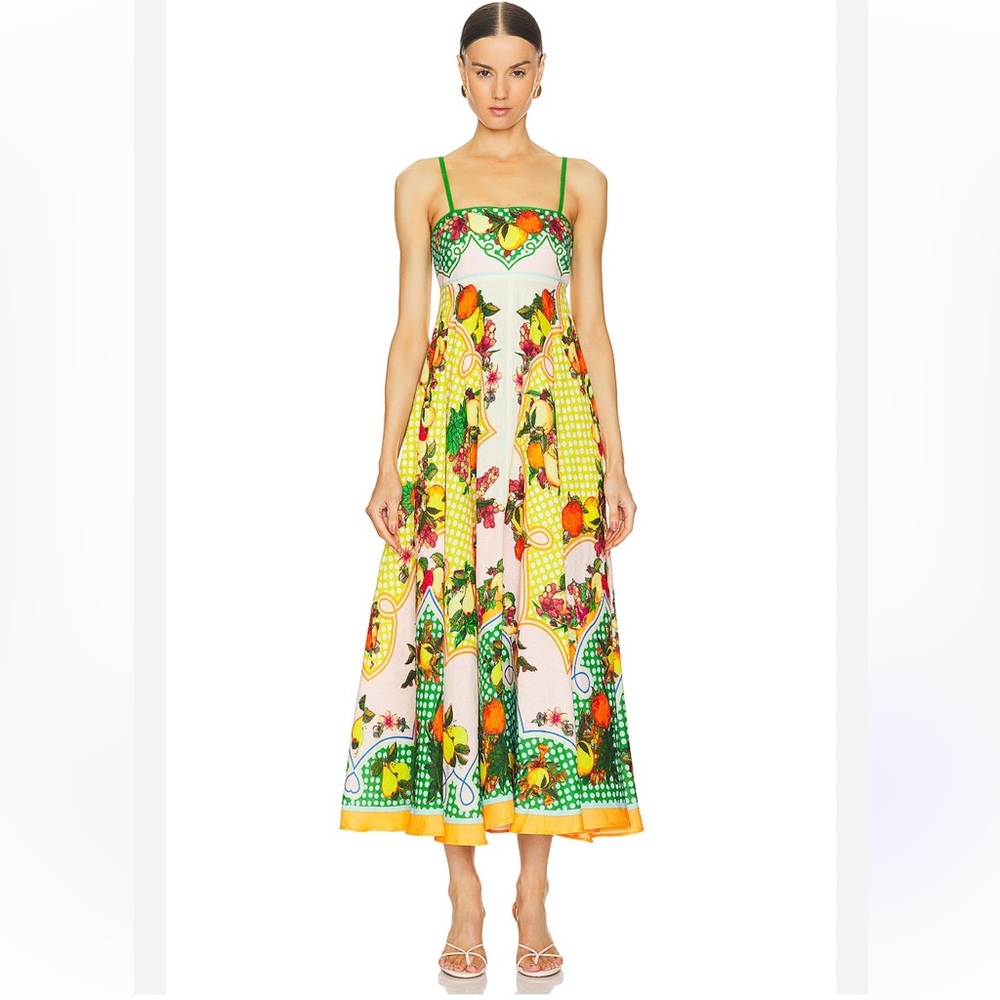 Sleeveless Yellow Floral Maxi Dress with Green Trim
